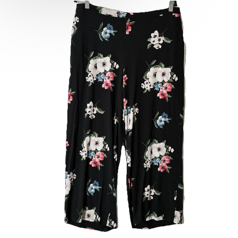 J Jill Wearever Wide-Leg Cropped Pant L Black Floral Pull On Boho Liquid Knit
